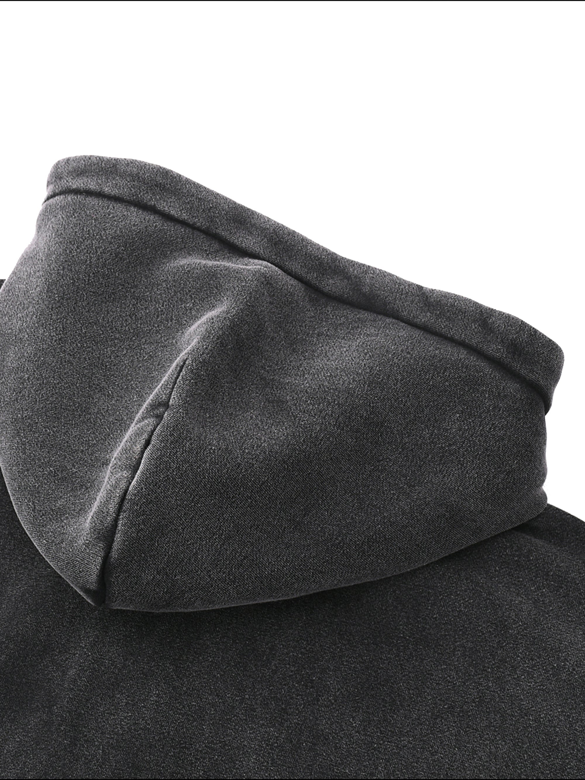 Genzerz Boxy Zip-Up Hoodie – oversized hood detail in vintage washed black