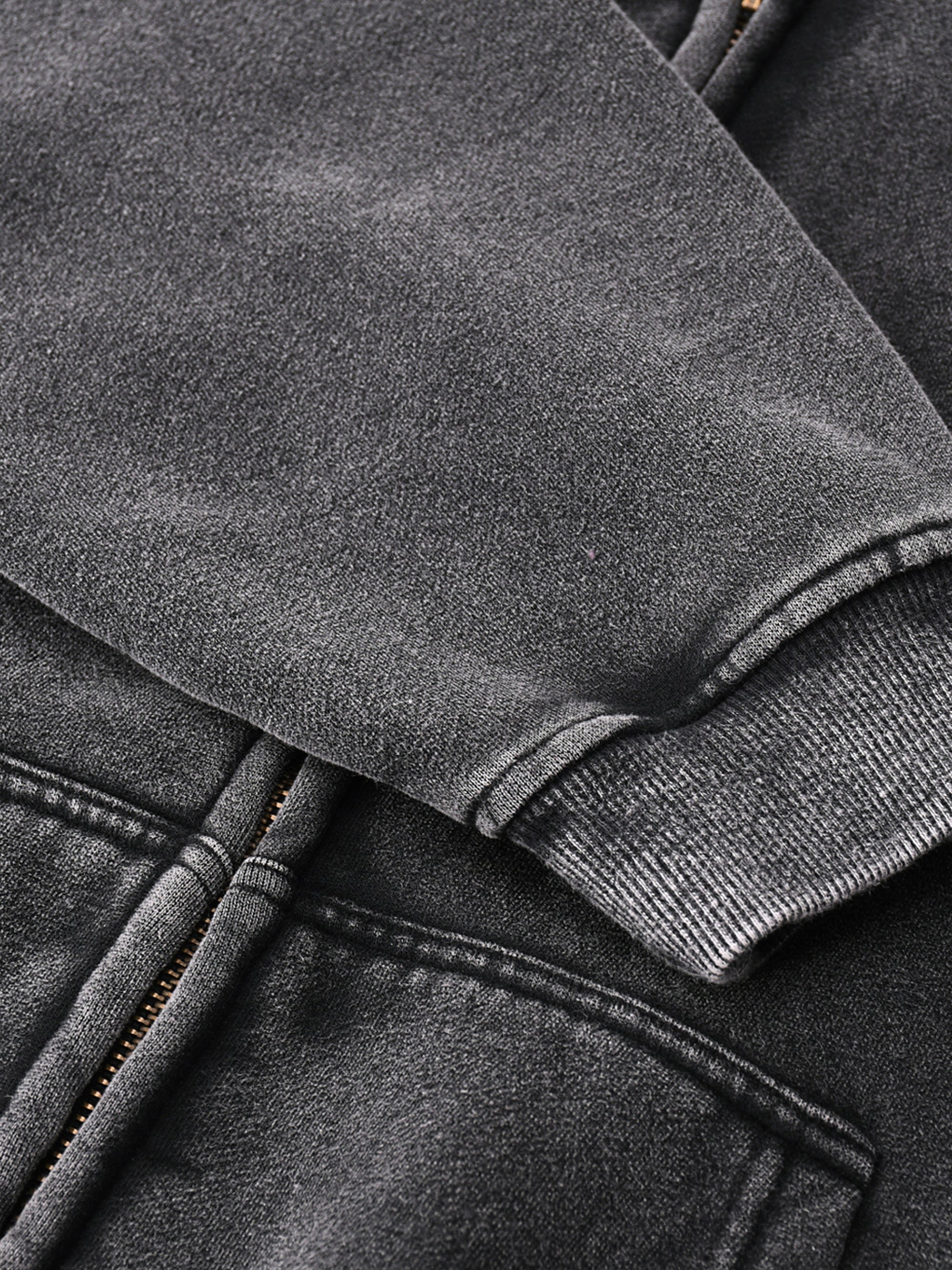 Fabric detail of Genzerz Boxy Zip-Up Hoodie – soft fleece vintage washed black cotton blend
