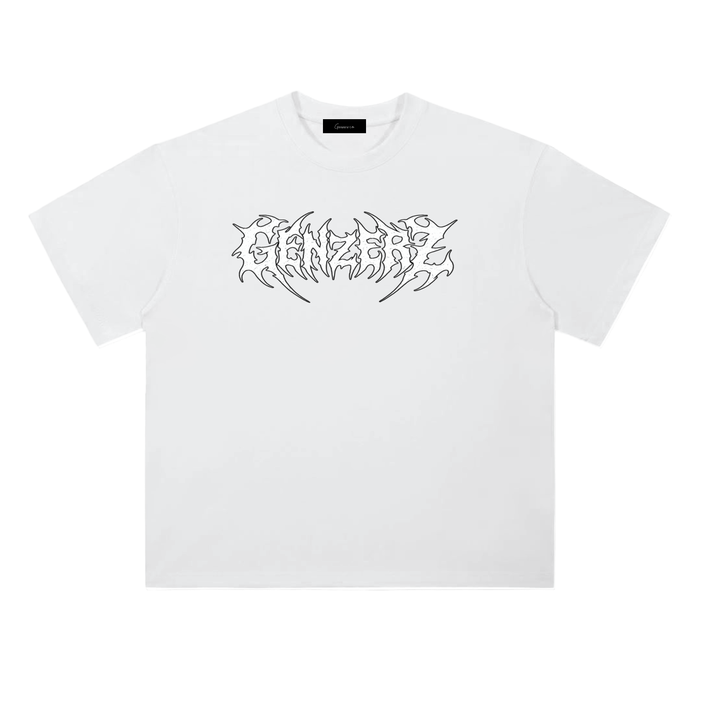 White Genzerz graphic T-shirt displayed flat for product view.