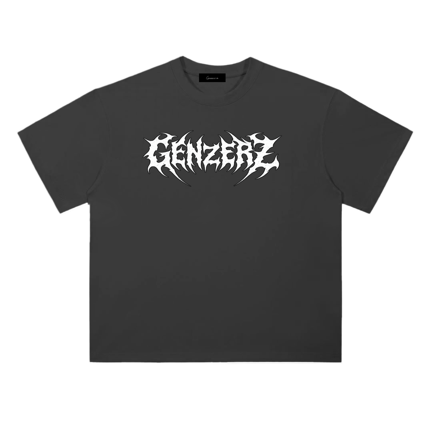 Flat-lay mockup of the black Genzerz graphic T-shirt with white glitch-style logo.