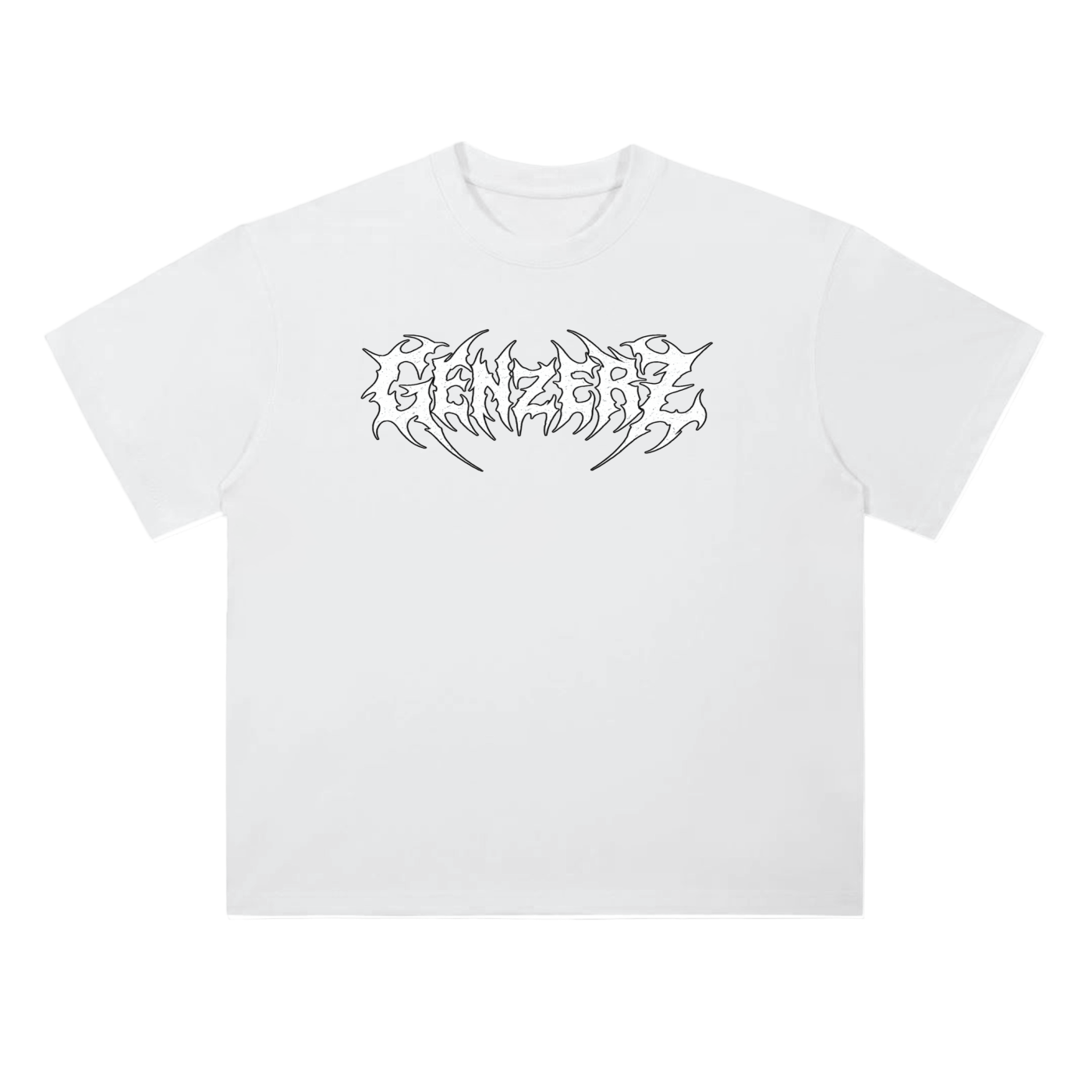 Genzerz white graphic tee with bold glitch-style logo on chest.