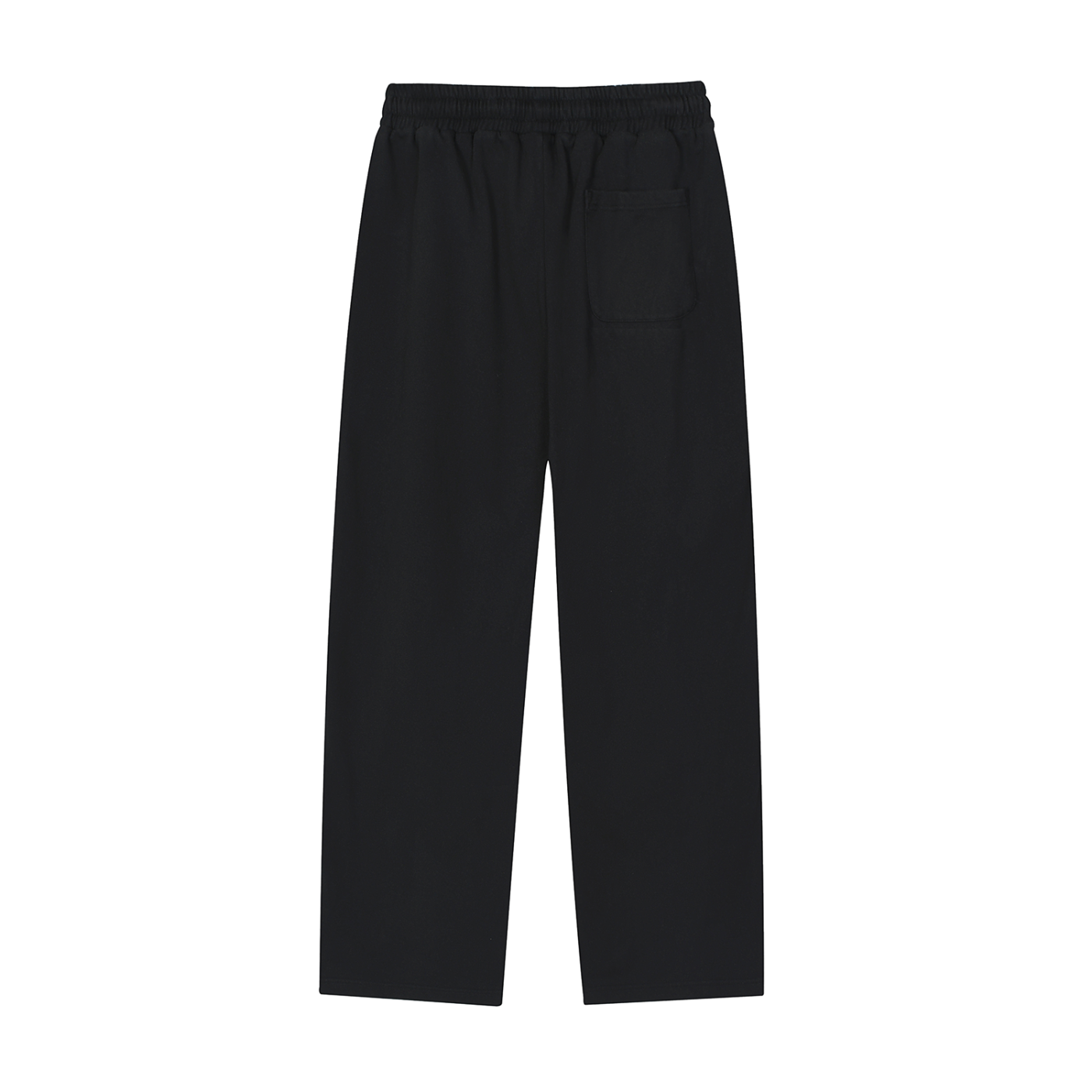 Back view of black Genzerz wide-leg pants with elastic waistband and clean finish.