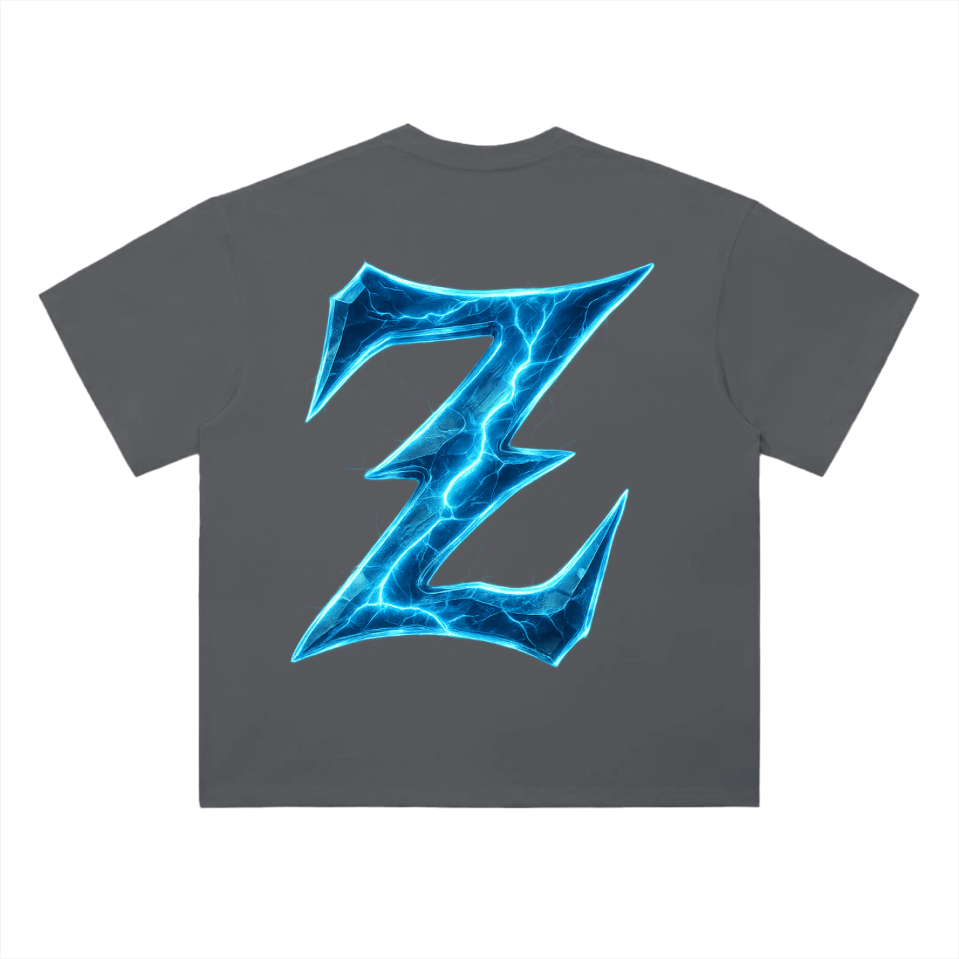 Genzerz Blue Lightning Z Tee – oversized Gray t-shirt with large blue lightning Z graphic