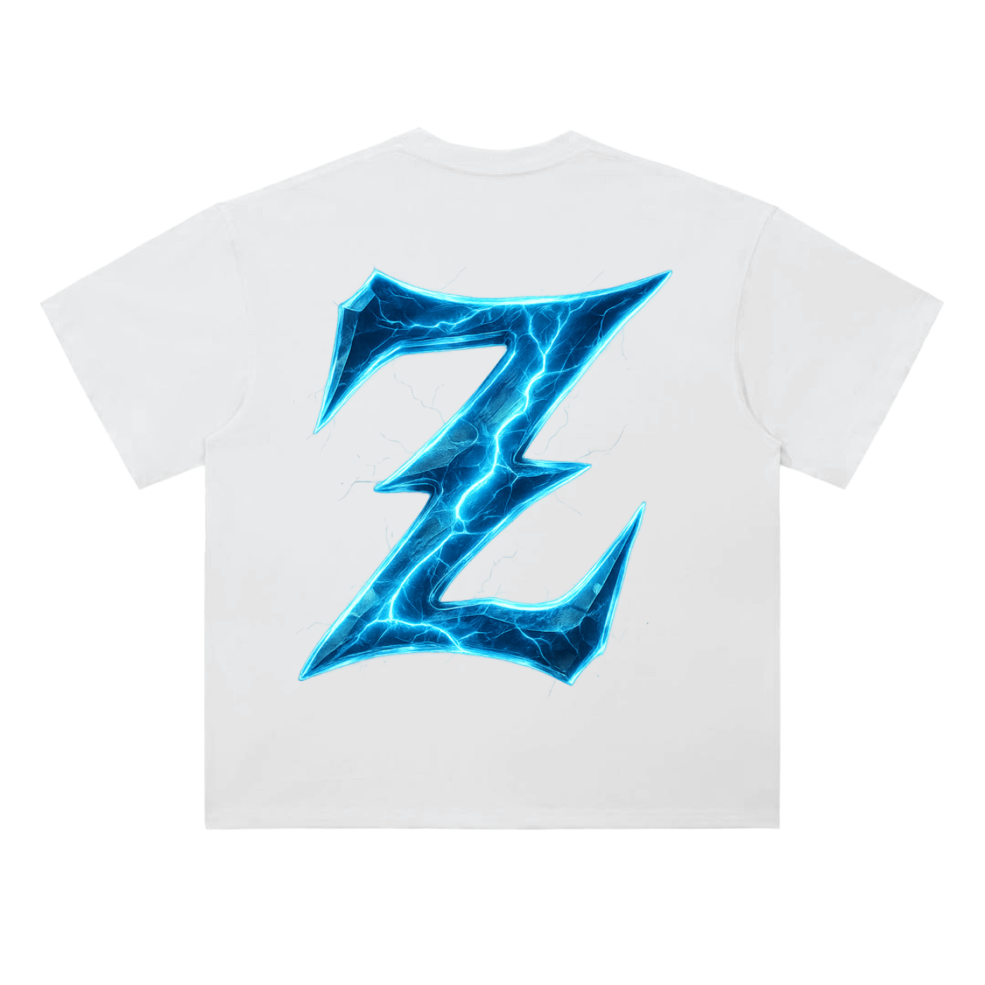 Genzerz Blue Lightning Z Tee – oversized white t-shirt with large blue lightning Z graphic