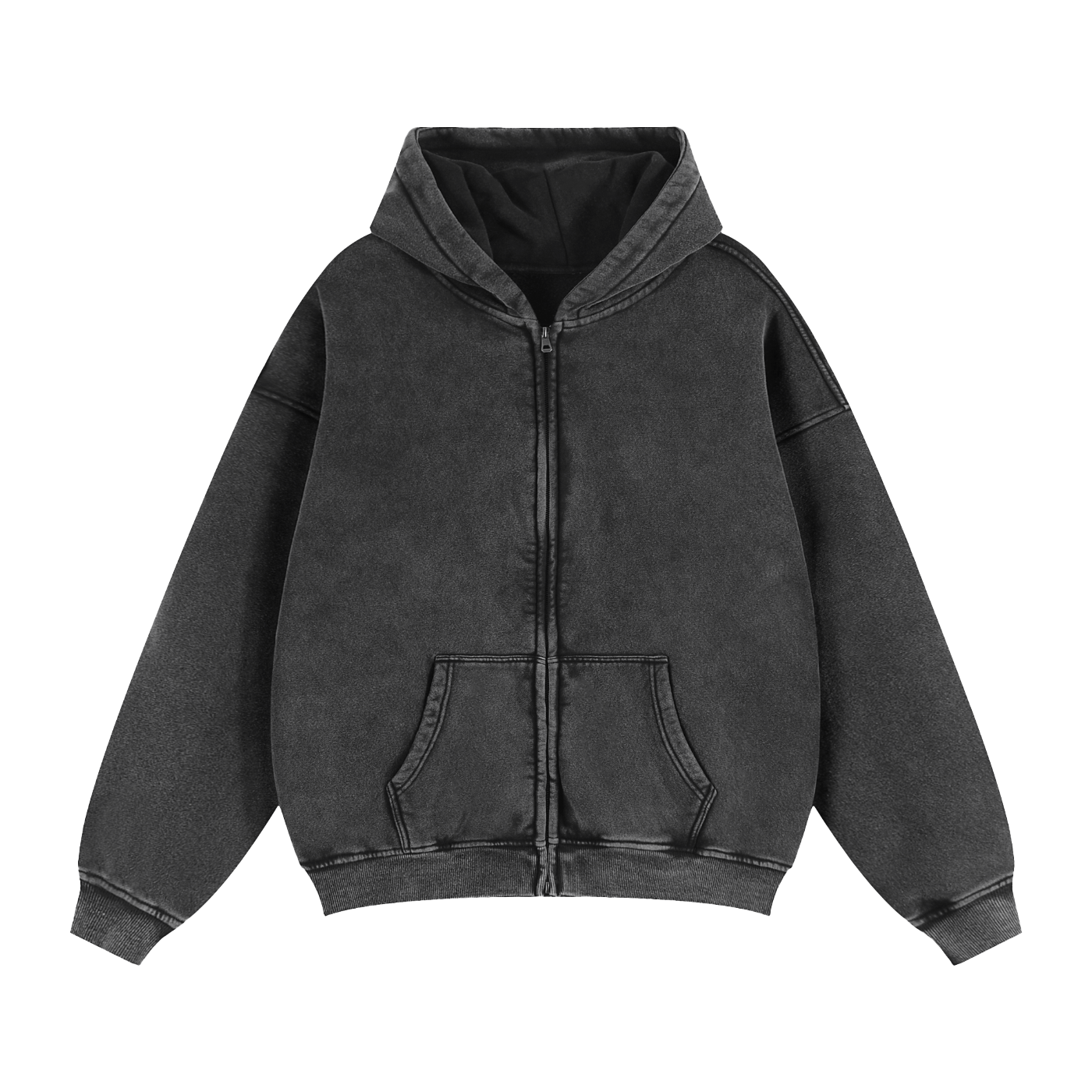 Genzerz Boxy Zip-Up Hoodie – vintage washed black streetwear hoodie front view