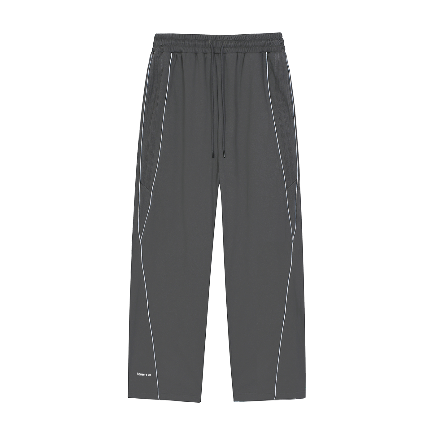 Front view of dark gray Genzerz wide-leg pants with white stripe piping on a white background.