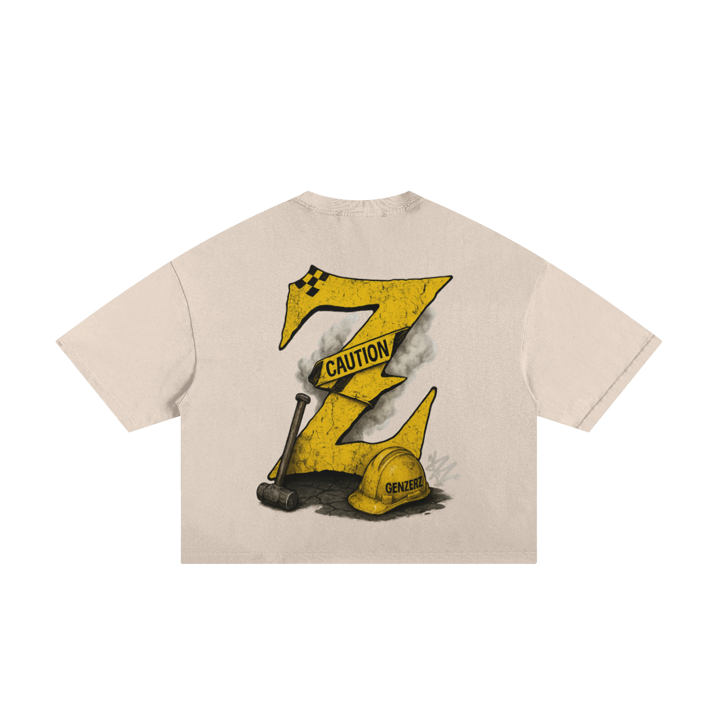 Beige Genzerz oversized tee featuring bold yellow “Z” caution design with smoke and hammer graffiti artwork for a luxury streetwear feel.