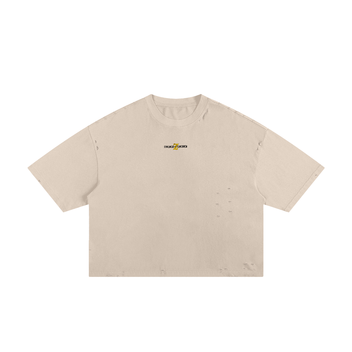 Minimal beige Genzerz oversized tee with small front Genzerz logo in yellow and black, crafted in premium cotton for a clean urban aesthetic.