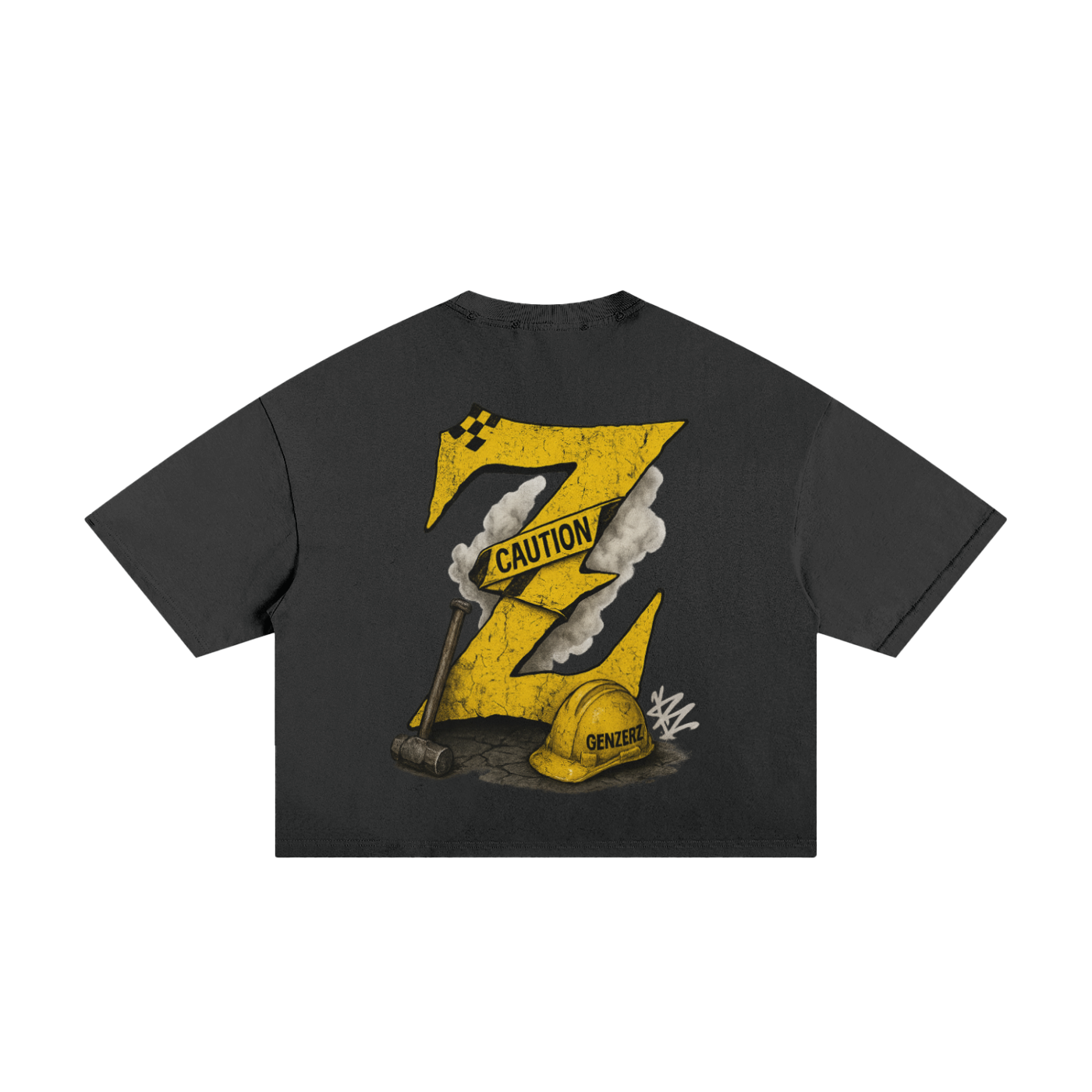 Z Caution Oversized Tee – Black (Back)
Alt Text: Black Genzerz oversized t-shirt showcasing yellow “Z” caution artwork with smoke and hammer elements — a bold premium streetwear statement.