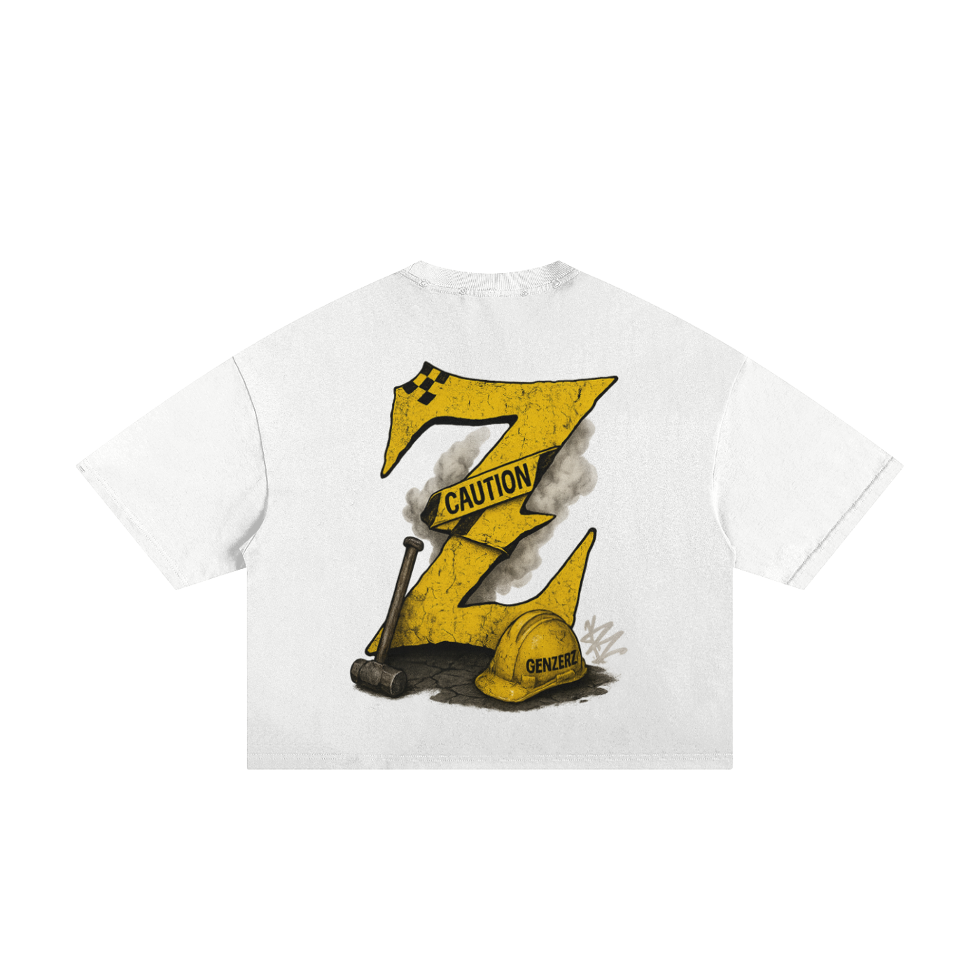 White Genzerz oversized streetwear t-shirt with striking yellow “Z” caution tape design, smoke detailing, and hammer artwork for bold energy.