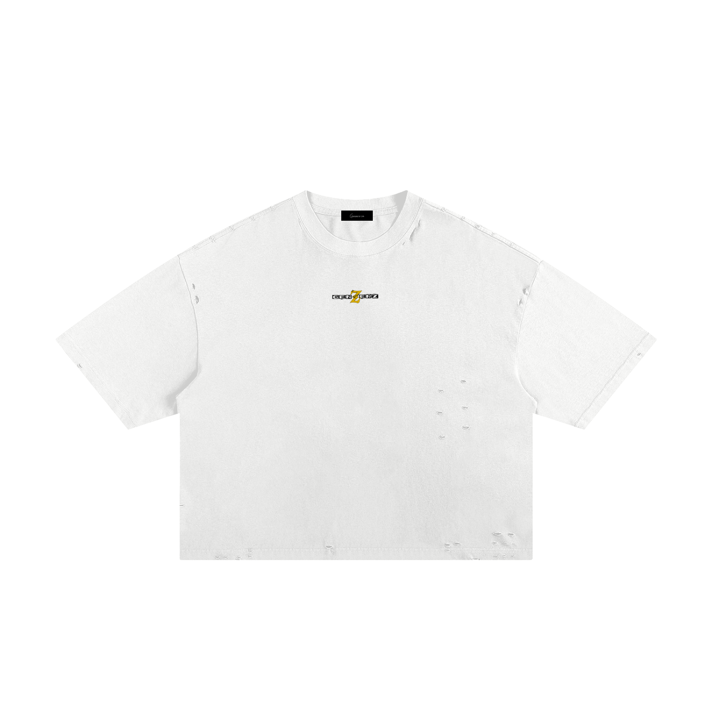 White Genzerz oversized tee with small yellow and black Genzerz front logo, distressed detailing, and premium minimalist streetwear finish.