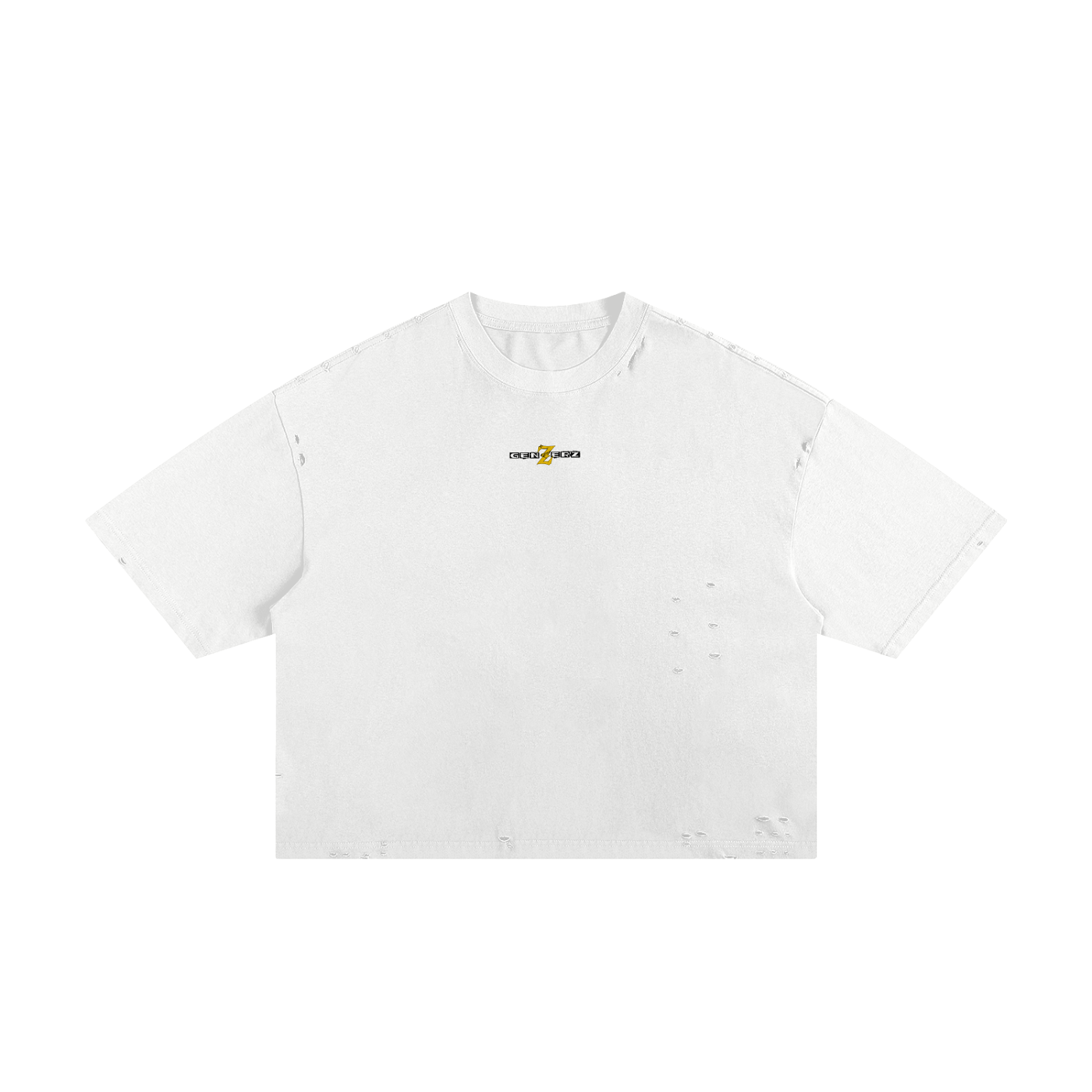 Minimal white Genzerz oversized tee with subtle front Genzerz text in yellow and black — clean, versatile, and luxury streetwear ready.