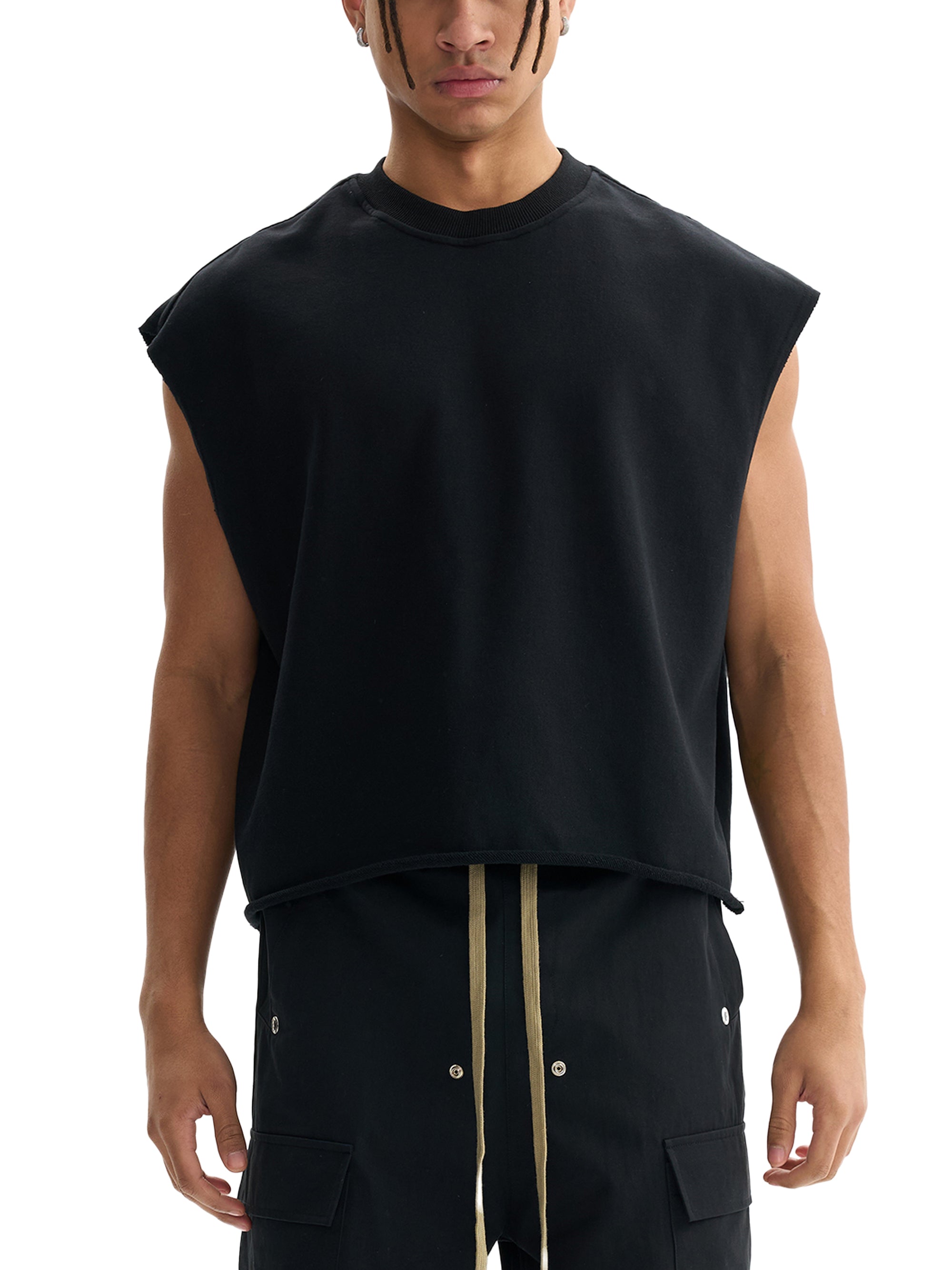 Model wearing Genzerz Z Lightning Tank – oversized black sleeveless shirt with streetwear fit