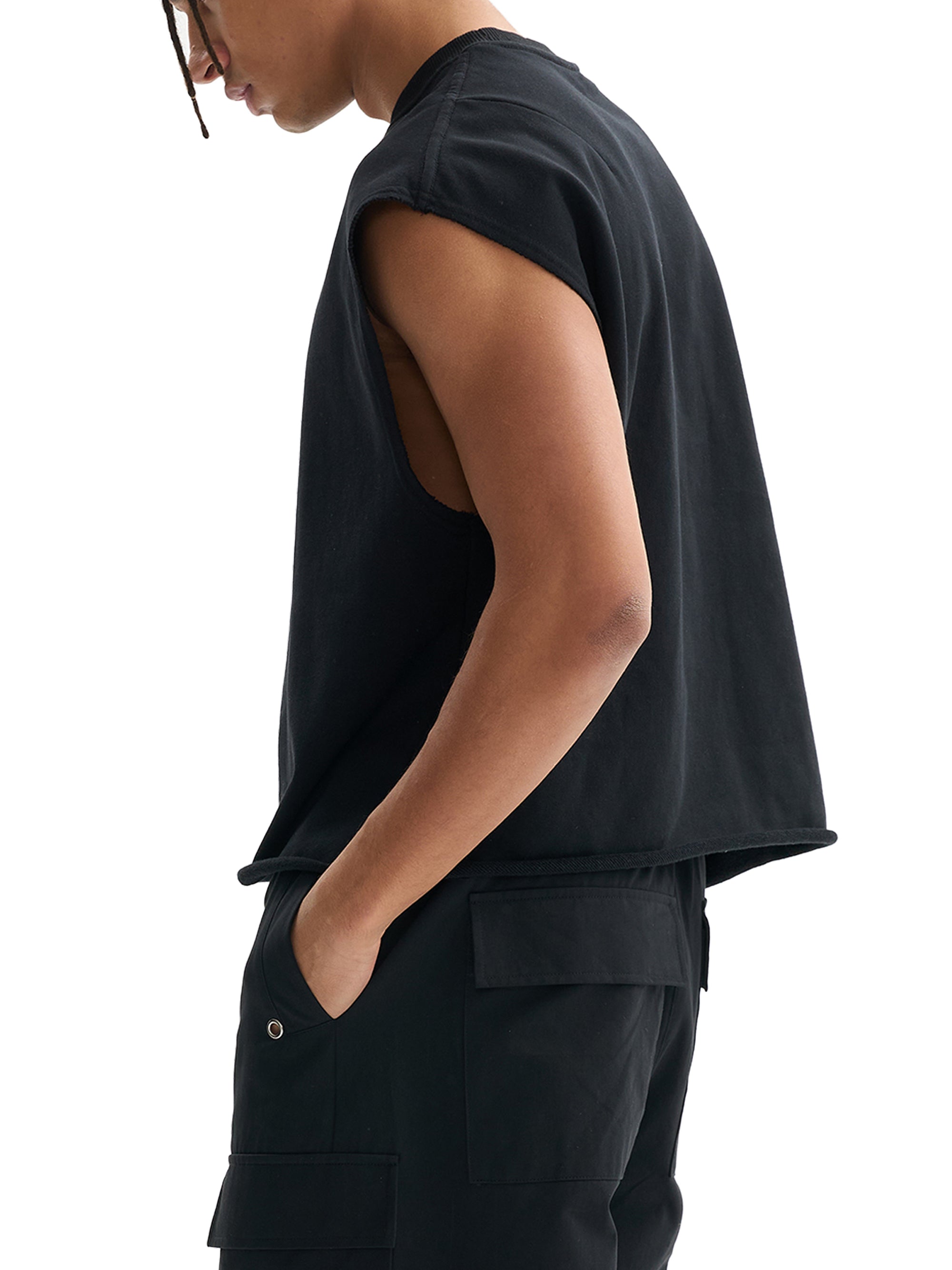 Model wearing Genzerz Z Lightning Tank – side view of oversized black sleeveless shirt